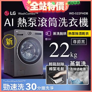 LG 22公斤 WashCombo™ AI 熱泵滾筒洗衣機｜熱泵除濕 |尊爵黑｜AI DD™ 蒸洗脫烘 (WD-S22FHDB)