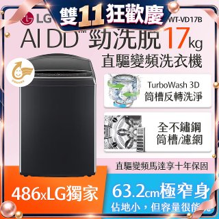 486xLG獨家 17公斤直立式洗衣機｜智慧直驅變頻｜AI DD™｜極光黑 (WT-VD17B)