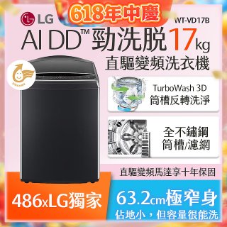 486xLG獨家 17公斤直立式洗衣機｜智慧直驅變頻｜AI DD™｜極光黑 (WT-VD17B)