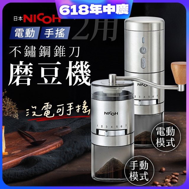 【日本NICOH】不鏽鋼錐刀電動/手搖兩用磨豆機 NCG-01