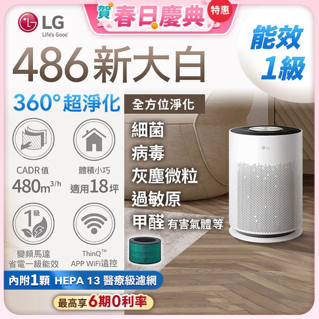 【限量加碼送濾網】LG PuriCare™ 360°超淨化大白空氣清淨機-Hit 新大白 (AS601HWG0)