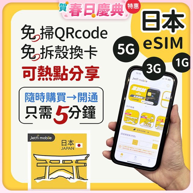 jetfi 日本eSIM 1GB／3GB／5GB
