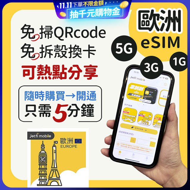 jetfi 歐洲聯遊eSIM 1GB／3GB／5GB