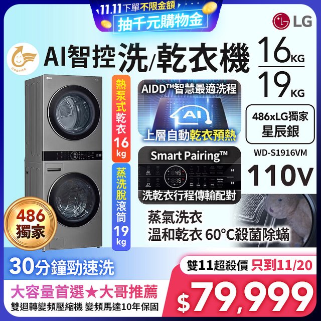 486xLG獨家 WashTower™ AI智控洗乾衣機｜洗衣19公斤+乾衣16公斤 星辰銀 (WD-S1916VM)