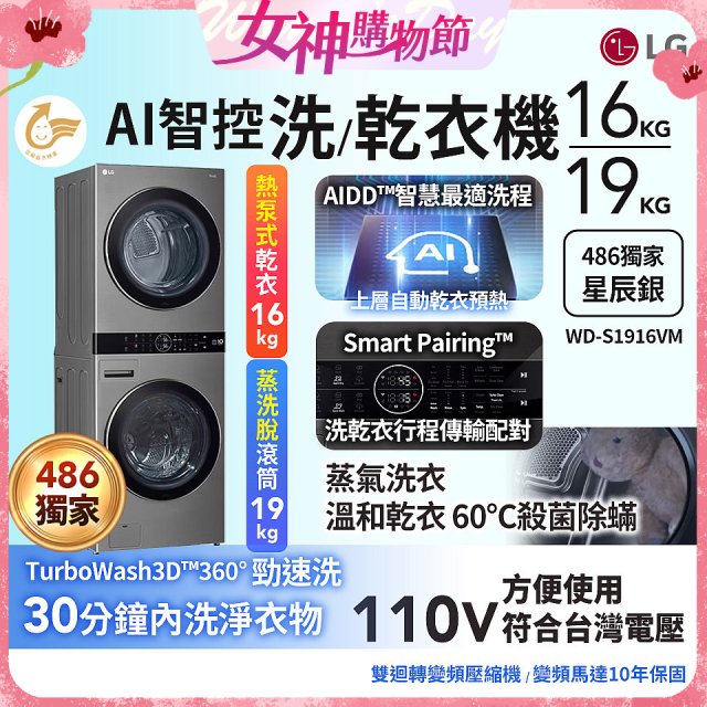 486xLG獨家 WashTower™ AI智控洗乾衣機｜洗衣19公斤+乾衣16公斤 星辰銀 (WD-S1916VM)