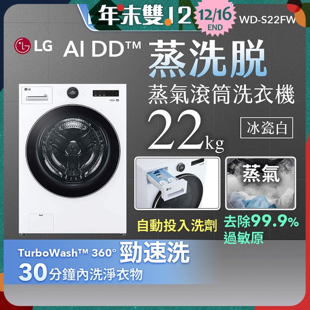 LG AI DD™蒸氣滾筒洗衣機 (蒸洗脫)｜22公斤｜WD-S22FW (冰瓷白)