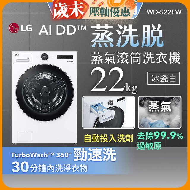 LG AI DD™蒸氣滾筒洗衣機 (蒸洗脫)｜22公斤｜WD-S22FW (冰瓷白)