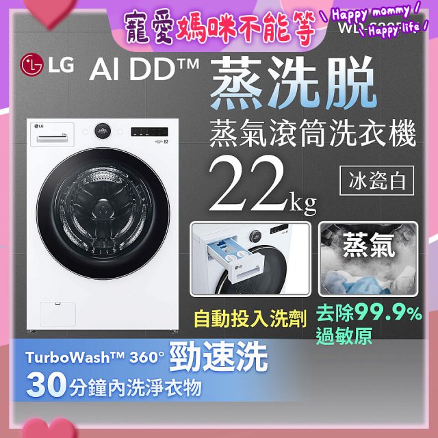 LG AI DD™蒸氣滾筒洗衣機 (蒸洗脫)｜22公斤｜WD-S22FW (冰瓷白)