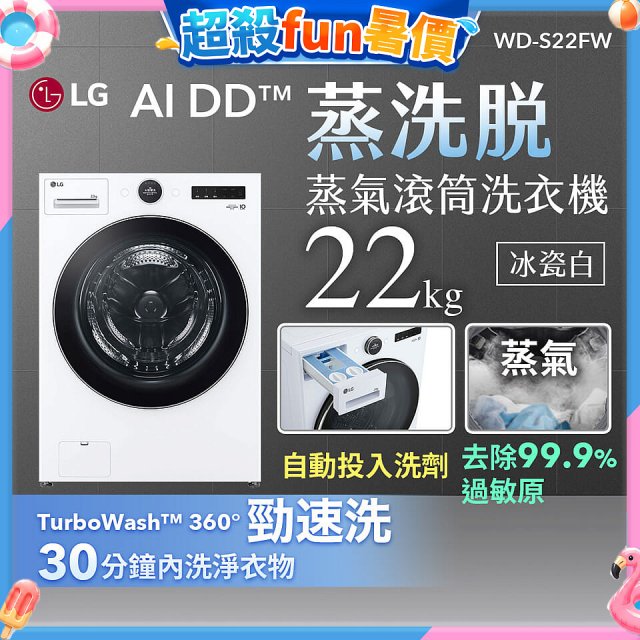 LG AI DD™蒸氣滾筒洗衣機 (蒸洗脫)｜22公斤｜WD-S22FW (冰瓷白)