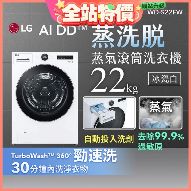 LG AI DD™蒸氣滾筒洗衣機 (蒸洗脫)｜22公斤｜WD-S22FW (冰瓷白)