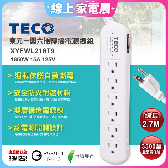 TECO 一開六插9尺轉接電源線組 XYFWL216T9