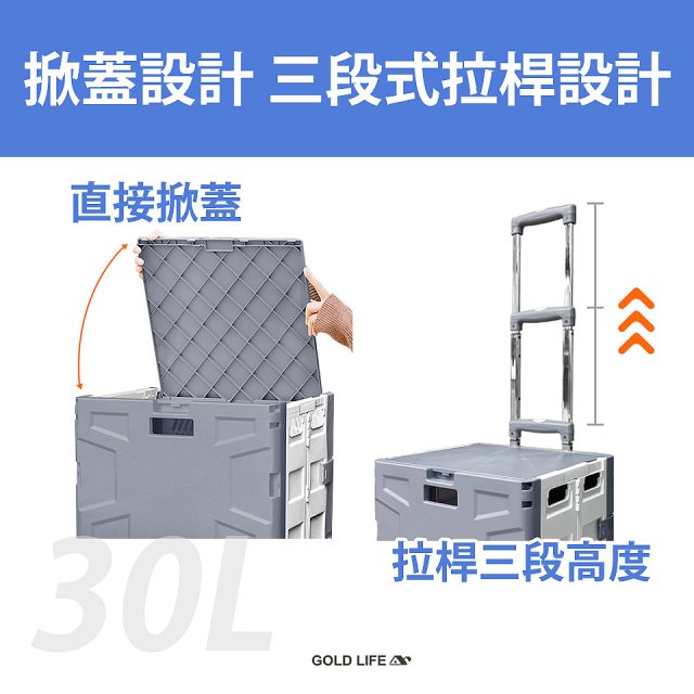 《GOLD LIFE》萬能迷你款掀蓋式購物推車 30L