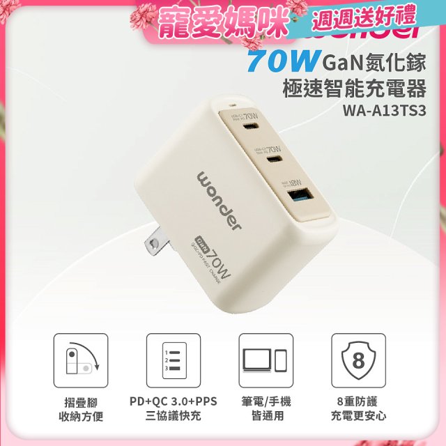 WONDER 70W GaN氮化鎵極速智能充電器 WA-A13TS3