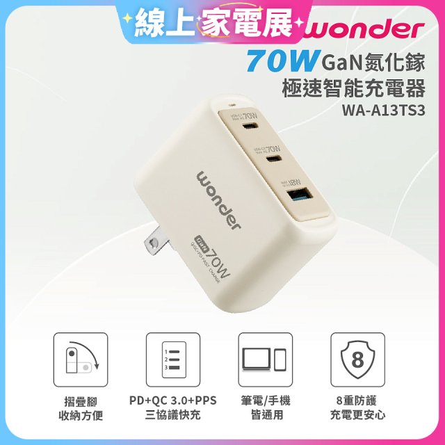 WONDER 70W GaN氮化鎵極速智能充電器 WA-A13TS3