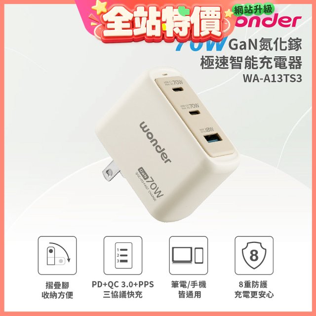 WONDER 70W GaN氮化鎵極速智能充電器 WA-A13TS3