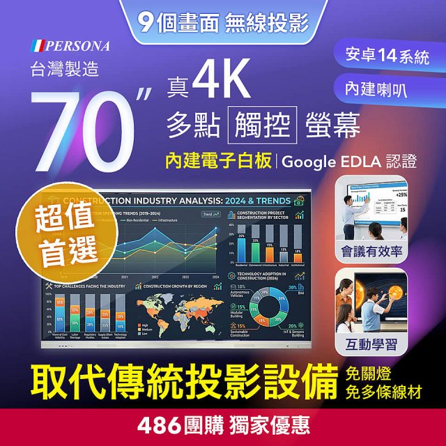 PERSONA 70型 KTA-PRO-FULL系列 真4K 多點觸控螢幕 (內建電子白板 安卓14/Google EDLA認證)