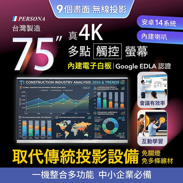 PERSONA 75型 KTA-PRO-FULL系列 真4K 多點觸控螢幕 (內建電子白板 安卓14/Google EDLA認證)