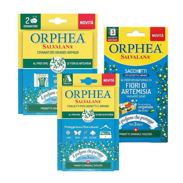 【義大利ORPHEA歐菲雅】艾草花香衣物環境保護片(12片/盒)+掛耳(2掛耳/盒)+香氛袋(3包/盒)
