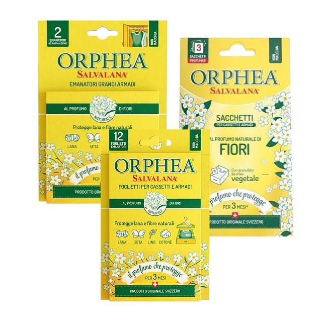 【義大利ORPHEA歐菲雅】艾草花香衣物環境保護片(12片/盒)+掛耳(2掛耳/盒)+香氛袋(3包/盒)