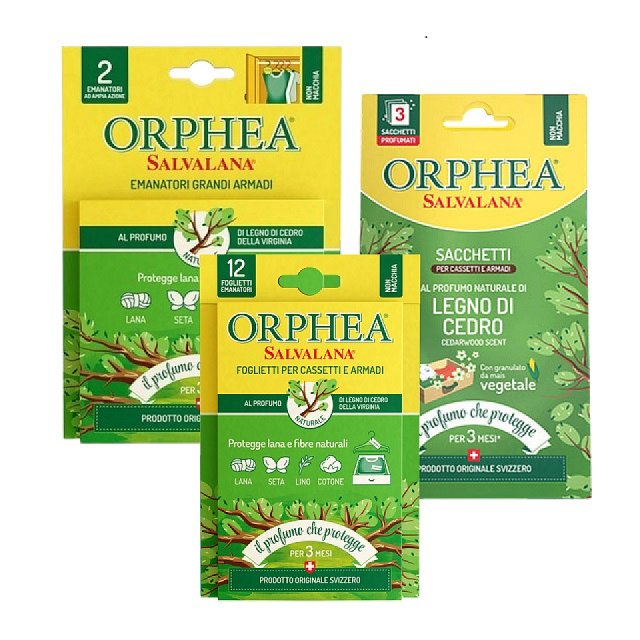 【義大利ORPHEA歐菲雅】艾草花香衣物環境保護片(12片/盒)+掛耳(2掛耳/盒)+香氛袋(3包/盒)